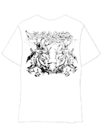 a white t - shirt with a black and white drawing of two horses